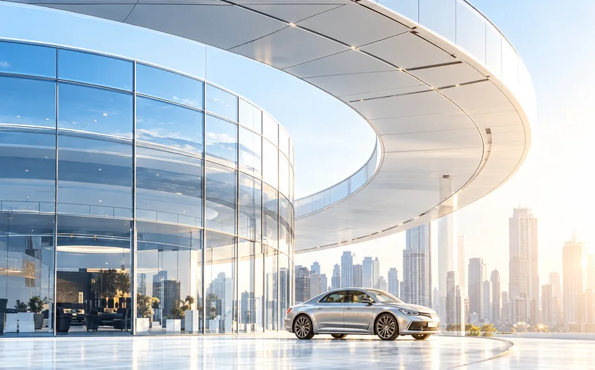 Curved glass showroom — the selected leadership visual
