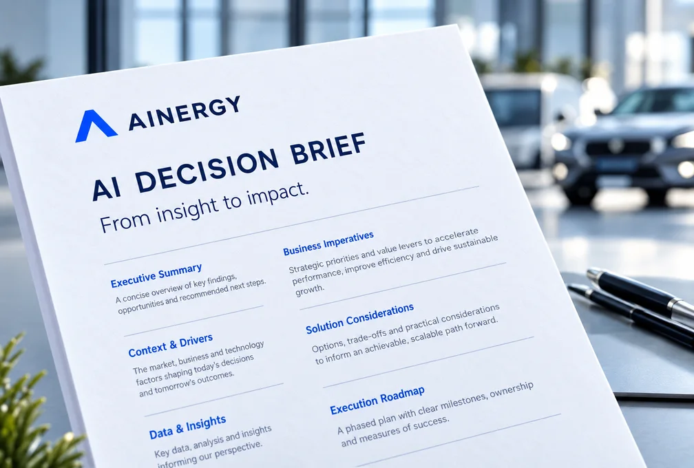 A close-up of a decision brief, distinct from the executive engagement scene.