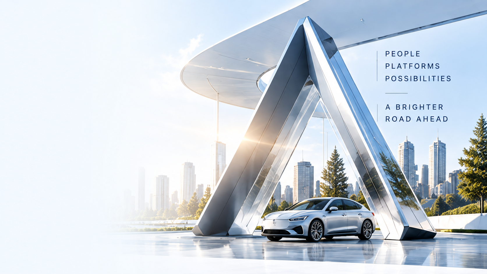 Silver A sculpture, car and glass pavilion. Selected concept artwork.