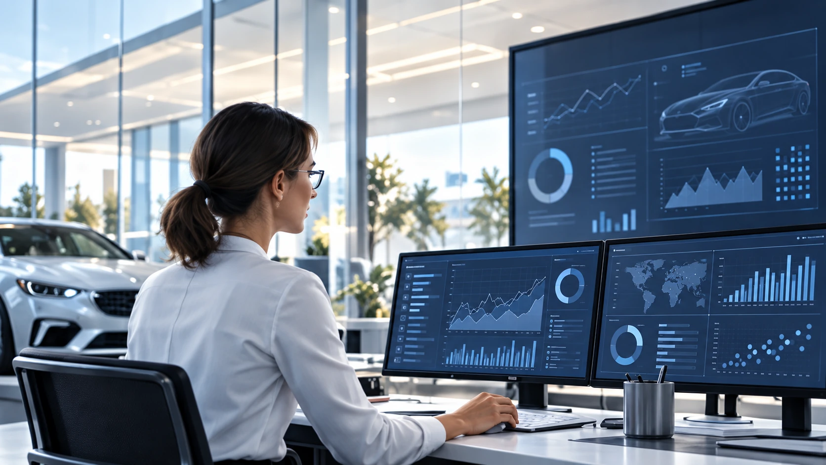 An operations desk in an automotive showroom — concept illustration